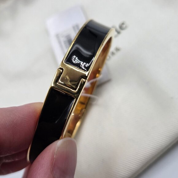 Kate Spade Bracelet Black Enamel Hole Punch Spade Gold Plate Hinged Bangle - Picture 8 of 12